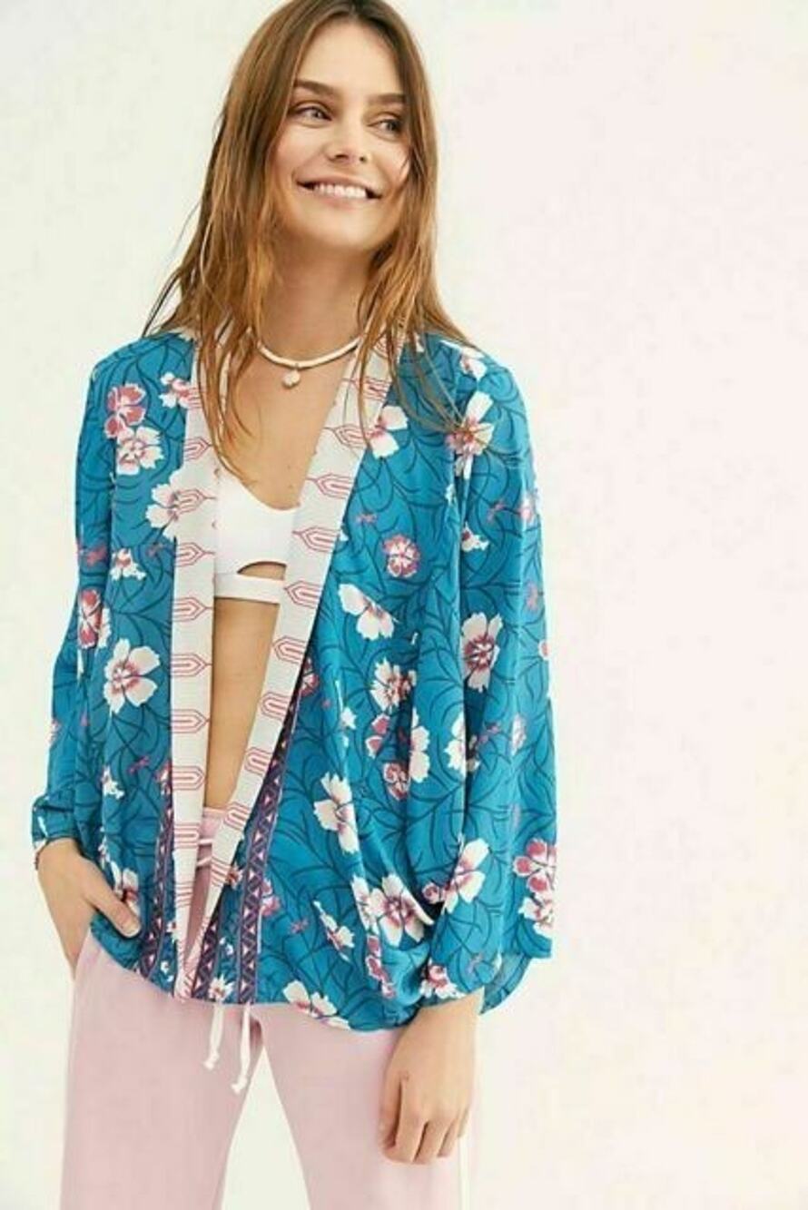 Free People Kona Print Open Front Kimono Cardigan Ocean Blue Floral One Size